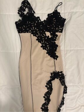 Nude and Black One-Shoulder Lace Appliqué Bodycon Dress